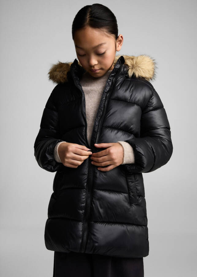 Quilted anorak with faux fur hood - Black - 13