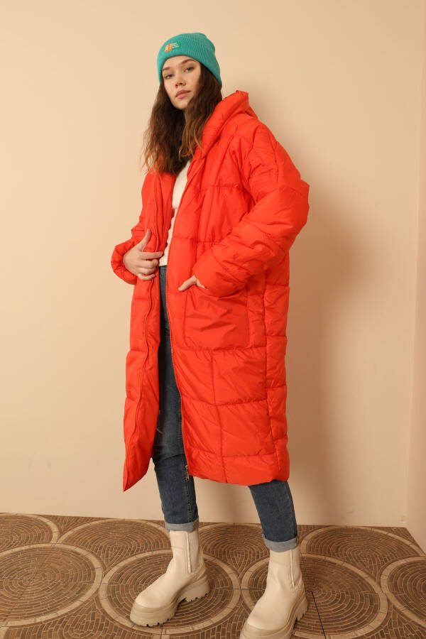 Quilted Fabric Long Sleeve Oversized/Relaxed Women's Coat - Orange - 4