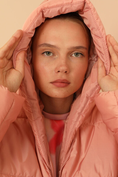 Quilted Fabric Zippered Collar Short Oversized/Loose Women's Jacket - Rose Quartz - 9