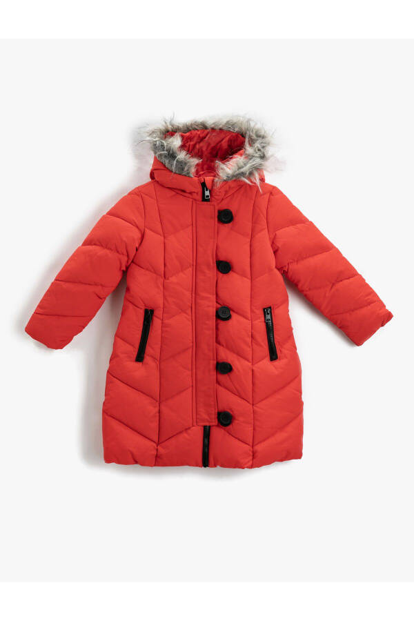 Quilted long coat with faux fur details, hood and buttons. - 4