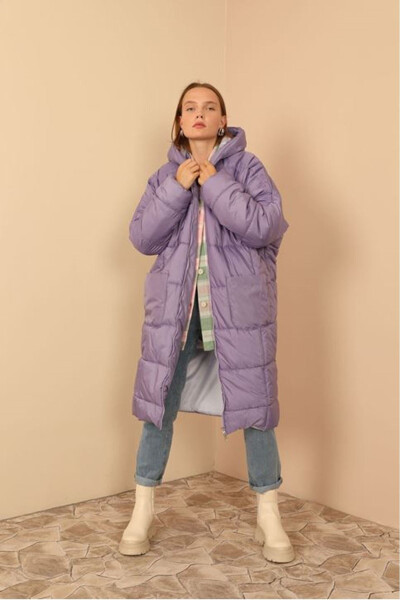 Quilted Long Sleeve Oversized/Relaxed Women's Coat - Lilac - 1