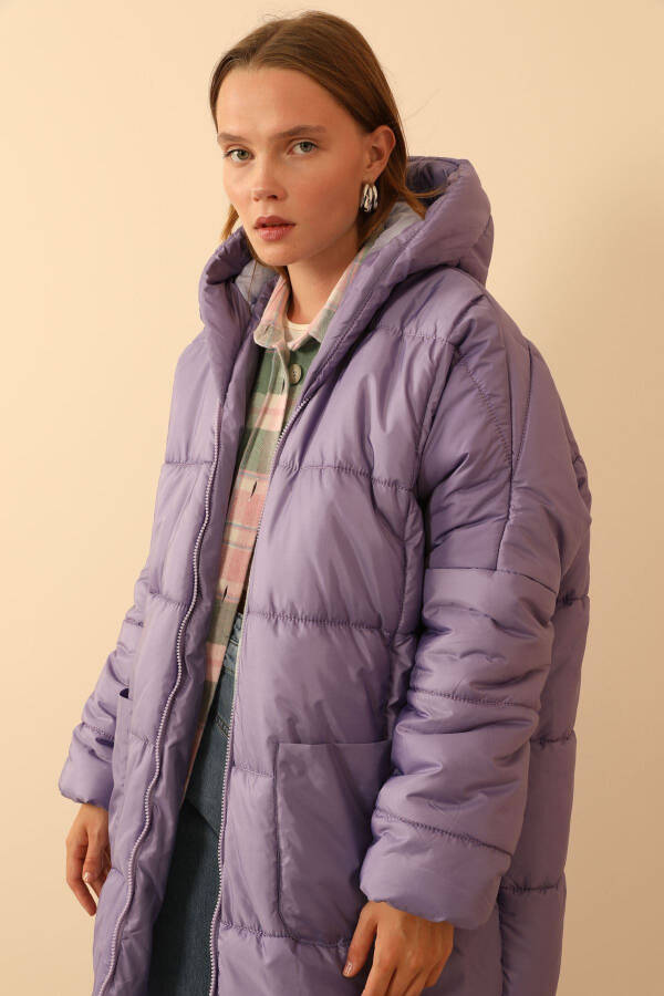 Quilted Long Sleeve Oversized/Relaxed Women's Coat - Lilac - 15