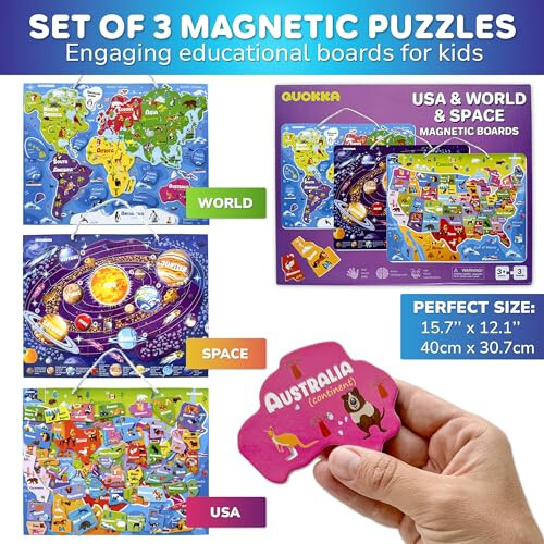 QUOKKA Magnetic Toddler Puzzles Ages 3-5 - 3 Educational Travel Games Puzzles for Kids Ages 4-6 - Space, USA and World Map Learning Toys for Boy and Girl 2-4 Learn United States - 2