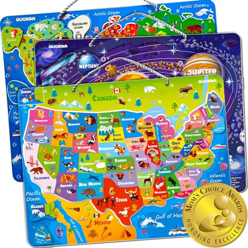 QUOKKA Magnetic Toddler Puzzles Ages 3-5 - 3 Educational Travel Games Puzzles for Kids Ages 4-6 - Space, USA and World Map Learning Toys for Boy and Girl 2-4 Learn United States - 1