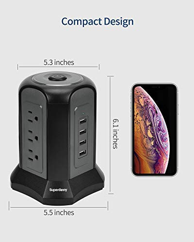 Quvvat simi minorasi to'lqin himoyasi, SUPERDANNY ish stoli zaryadlash stantsiyasi, 10 fut uzaytirgich simi, 9 rozetka, 4 USB port, 1080 Joule, 3-pinli, erga ulangan, uy, ofis uchun ko'p darajali himoya, qora - 11