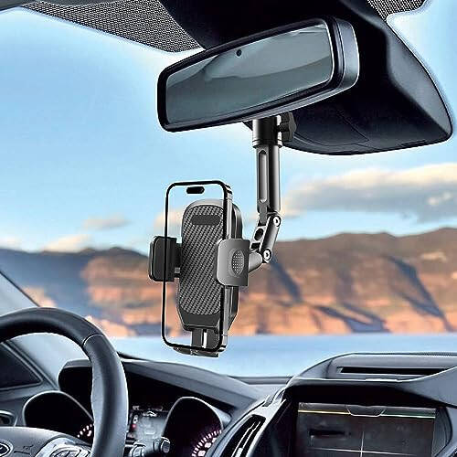 Quyee Phone Holder Car, Rear View Mirror Phone Holder - Aluminum Alloy Mount Multi-Angle Adjustment Rotatable and Retractable Compatible with All 4-7 Inch iPhone and Android Cell Phones - 2