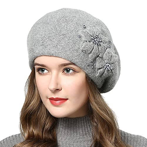 Rabbit Fur Beret Hat French Beret Cap Winter Warm Flowers Pearls Beanie Artist Painter Hat for Women Lady - 1