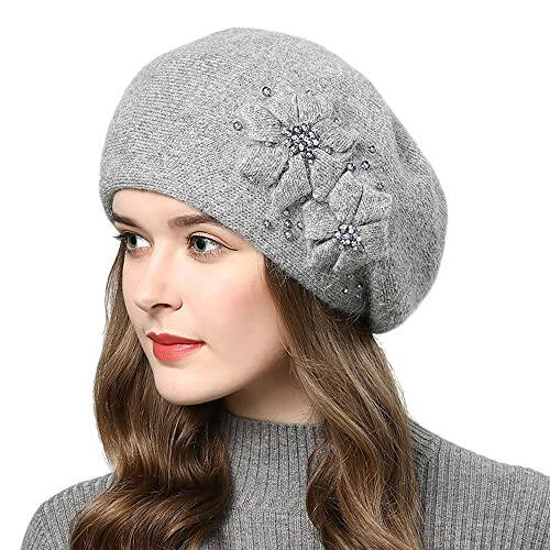 Rabbit Fur Beret Hat French Beret Cap Winter Warm Flowers Pearls Beanie Artist Painter Hat for Women Lady - 2