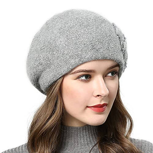 Rabbit Fur Beret Hat French Beret Cap Winter Warm Flowers Pearls Beanie Artist Painter Hat for Women Lady - 3