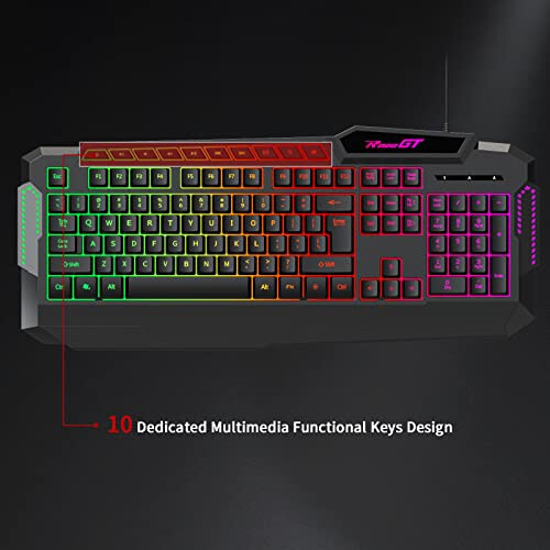 RaceGT Gaming Keyboard, 114 Keys Full Size Wired LED Backlit with Dedicated Multimedia Keys Wrist Rest Mechanical Feeling Keybaord Compatible for Computer PC Laptop Xbox - 4