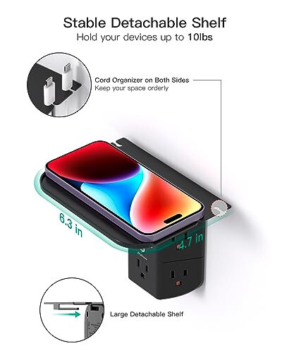 Raf va tungi chiroq bilan devor rozetkasi uzatgichi, kuchlanishdan himoya qilish, 5 ta USB rozetkasi va 3 ta USB porti bo'lgan 1 ta USB C rozetkasi bilan devor zaryadlovchi qurilmasi - 4