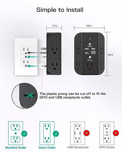 Raf va tungi chiroq bilan devor rozetkasi uzatgichi, kuchlanishdan himoya qilish, 5 ta USB rozetkasi va 3 ta USB porti bo'lgan 1 ta USB C rozetkasi bilan devor zaryadlovchi qurilmasi - 7