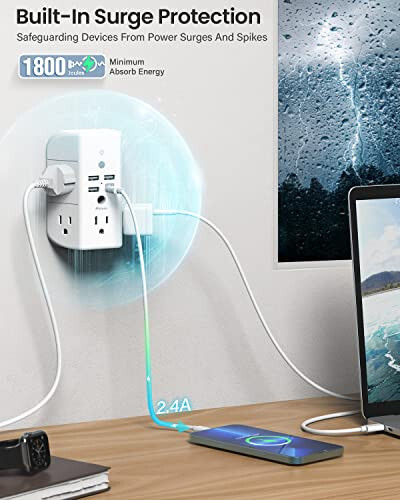 Raflı ve Gece Lambasıyla Duvar Prizi Uzatıcısı, Akım Koruyucu, 5 AC Priz ve 3 USB Portlu 1 USB C Prizli Geniş Alanlı 3 Yönlü Priz Çoklu Priz Çıkışları... - 5