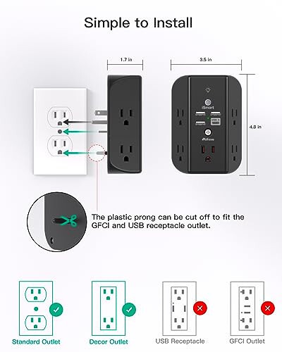 Raflı ve Gece Lambasıyla Duvar Prizi Uzatma Kablosu, Akım Koruyucu, 5 USB Çıkışlı ve 3 USB Portlu 1 USB C Çıkışlı Duvar Şarj Cihazı - 7