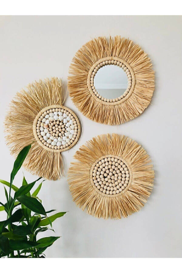 Rattan 3 Piece Mirror Set Fan Wall Decor Beaded Mirror Rattan Mirror Bohemian Mirror Handmade Mirror Rattan - 4