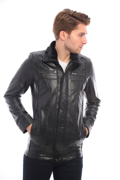 Real leather, black fur collar men's jacket. - 2