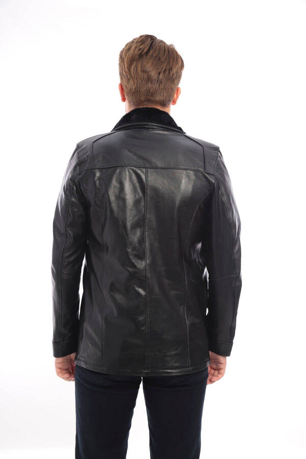 Real leather, black fur collar men's jacket. - 3