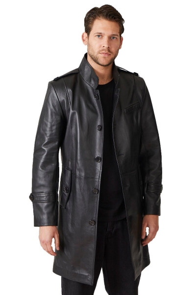 Real leather, buttoned, lined, epauletted, slitted, stand-up collar, slim fit coat. - 1