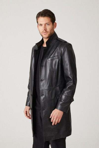 Real leather, buttoned, lined, epauletted, slitted, stand-up collar, slim fit coat. - 2