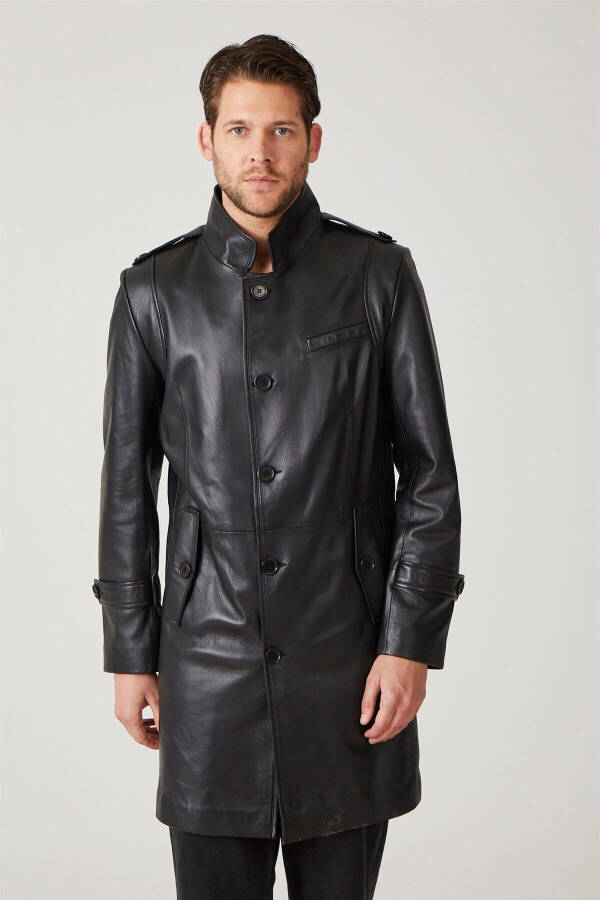 Real leather, buttoned, lined, epauletted, slitted, stand-up collar, slim fit coat. - 3