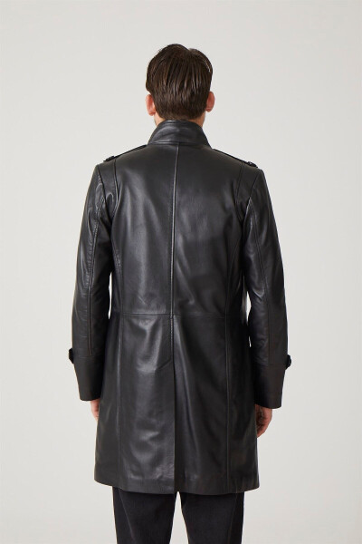 Real leather, buttoned, lined, epauletted, slitted, stand-up collar, slim fit coat. - 4