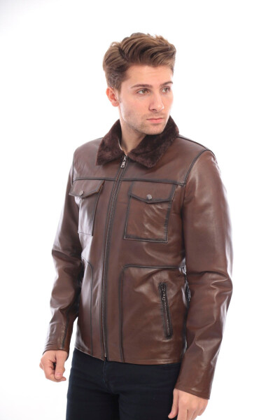 Real leather men's jacket with fur collar. - 3