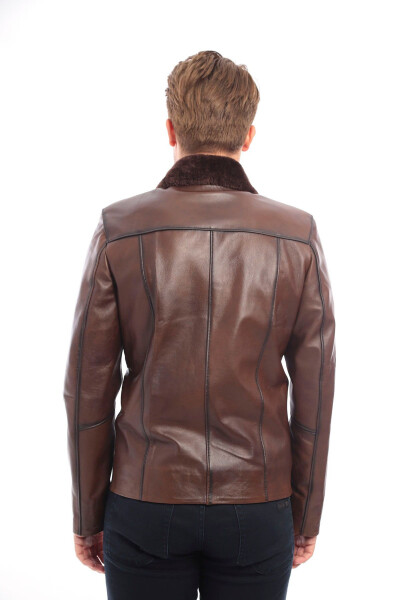 Real leather men's jacket with fur collar. - 4