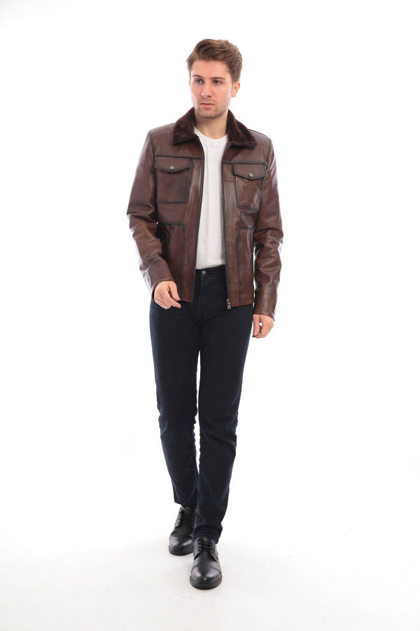 Real leather men's jacket with fur collar. - 5