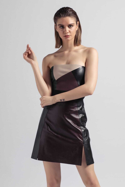 Real leather, slit, lined mini skirt. - 1