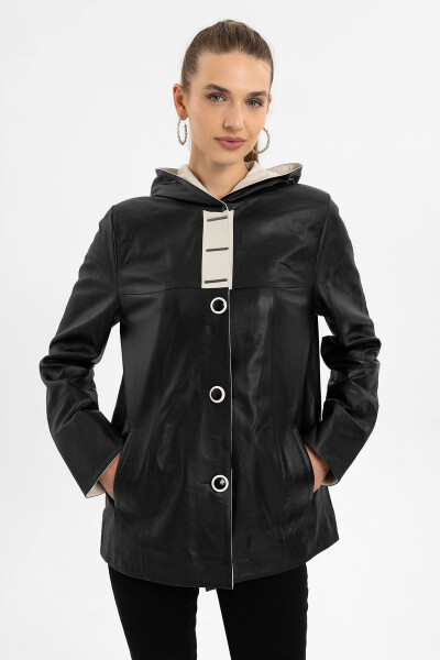 Real leather women's coat, black, beige detailed buttoned and wide cut. - 1