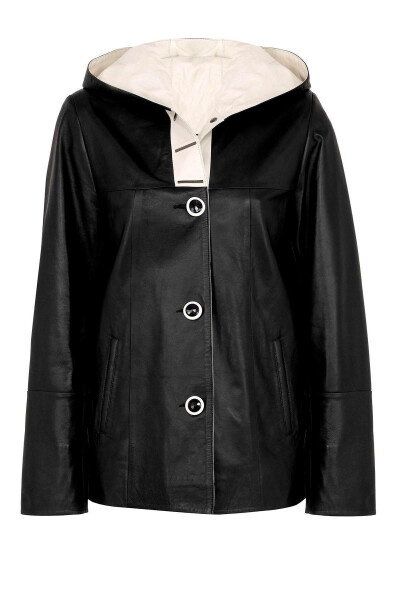 Real leather women's coat, black, beige detailed buttoned and wide cut. - 8