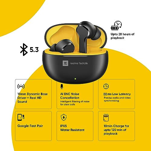 realme TechLife Buds T100 Bluetooth Gerçek Kablosuz Kulak İçi Kulaklıklar Mikrofonlu, AI ENC Aramalar İçin, Google Hızlı Eşleştirme, 28 Saat Toplam Oynatma Hızlı Şarj ve Düşük Gecikmeli Oyun Modu ile (Siyah) - 2