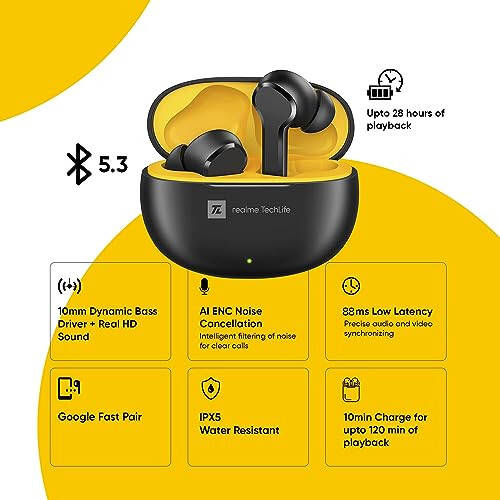 realme TechLife Buds T100 Bluetooth Gerçek Kablosuz Kulak İçi Kulaklıklar Mikrofonlu, AI ENC Aramalar İçin, Google Hızlı Eşleştirme, 28 Saat Toplam Oynatma Hızlı Şarj ve Düşük Gecikmeli Oyun Modu ile (Siyah) - 2