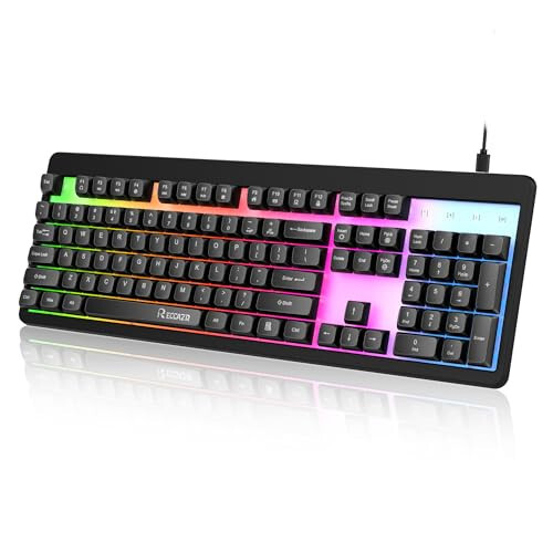 RECCAZR Gaming Keyboard, 104 Full-Size Wired Gaming Keyboard with Rainbow Backlit, Anti-Ghosting, Spill-Resistant Keyboard for Gaming and Office, Membrane Keyboard for PC - 1