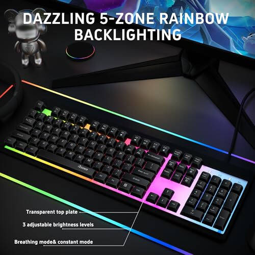 RECCAZR Gaming Keyboard, 104 Full-Size Wired Gaming Keyboard with Rainbow Backlit, Anti-Ghosting, Spill-Resistant Keyboard for Gaming and Office, Membrane Keyboard for PC - 2