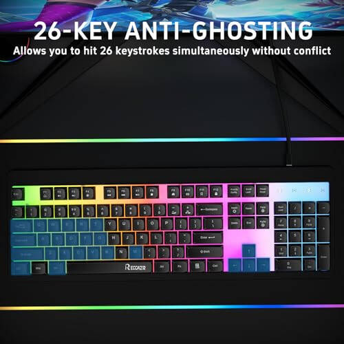 RECCAZR Gaming Keyboard, 104 Full-Size Wired Gaming Keyboard with Rainbow Backlit, Anti-Ghosting, Spill-Resistant Keyboard for Gaming and Office, Membrane Keyboard for PC - 4