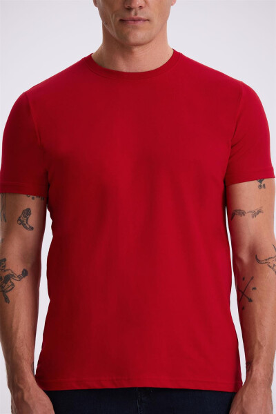 Red 100% Cotton Slim Fit Crew Neck Basic T-Shirt - 3