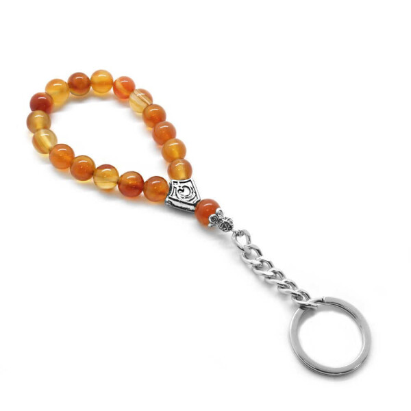 Red Agate Natural Stone-Chrome Steel Combined Prayer Beads Keychain - 1