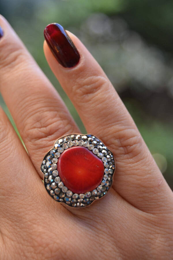 Red Coral Natural Stone Handmade Adjustable Women's Ring - 1