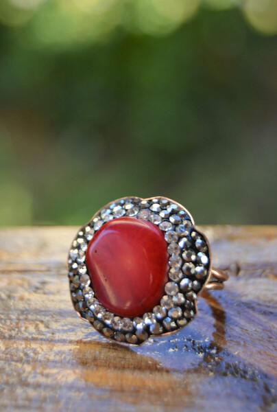 Red Coral Natural Stone Handmade Adjustable Women's Ring - 2