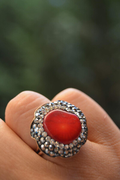 Red Coral Natural Stone Handmade Adjustable Women's Ring - 3