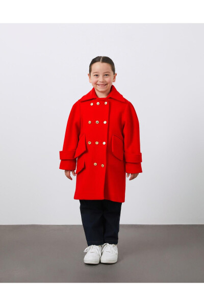 Red Girls' Wool Coat with Gold Button Details - 5