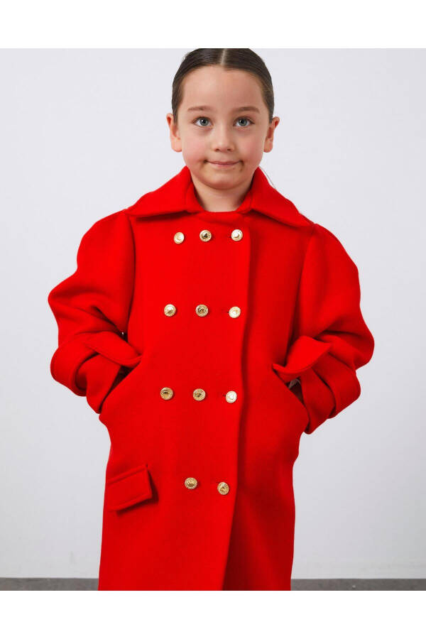 Red Girls' Wool Coat with Gold Button Details - 6