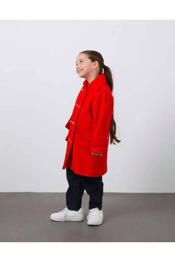 Red Girls' Wool Coat with Gold Button Details - 7