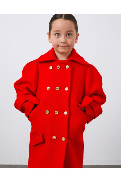 Red Girls' Wool Coat with Gold Button Details - 2