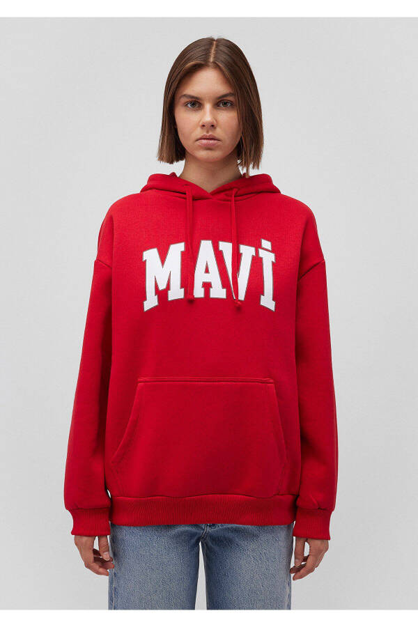 Red Hooded Sweatshirt with Logo Print 1600361-86417 - 21