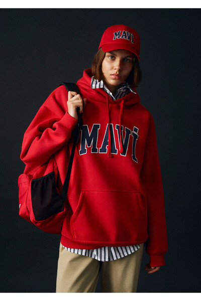 Red Hooded Sweatshirt with Logo Print Oversize/Wide Cut 1600361-82054 - 19