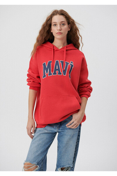 Red Hooded Sweatshirt with Logo Print Oversize/Wide Cut 1600361-82054 - 14