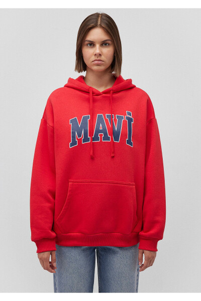 Red Hooded Sweatshirt with Logo Print Oversize/Wide Cut 1600361-82054 - 3