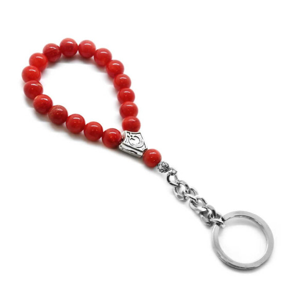 Red Mother of Pearl Natural Stone-Chrome Steel Combination Tasbih Keychain - 3